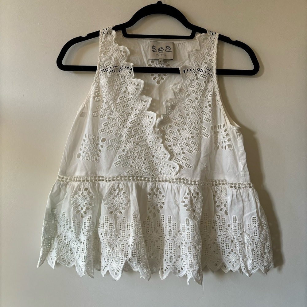 SEA NY White Eyelet Crochet V Neck Wrap Style Tank Top Peplum Sleeveless Sz 4